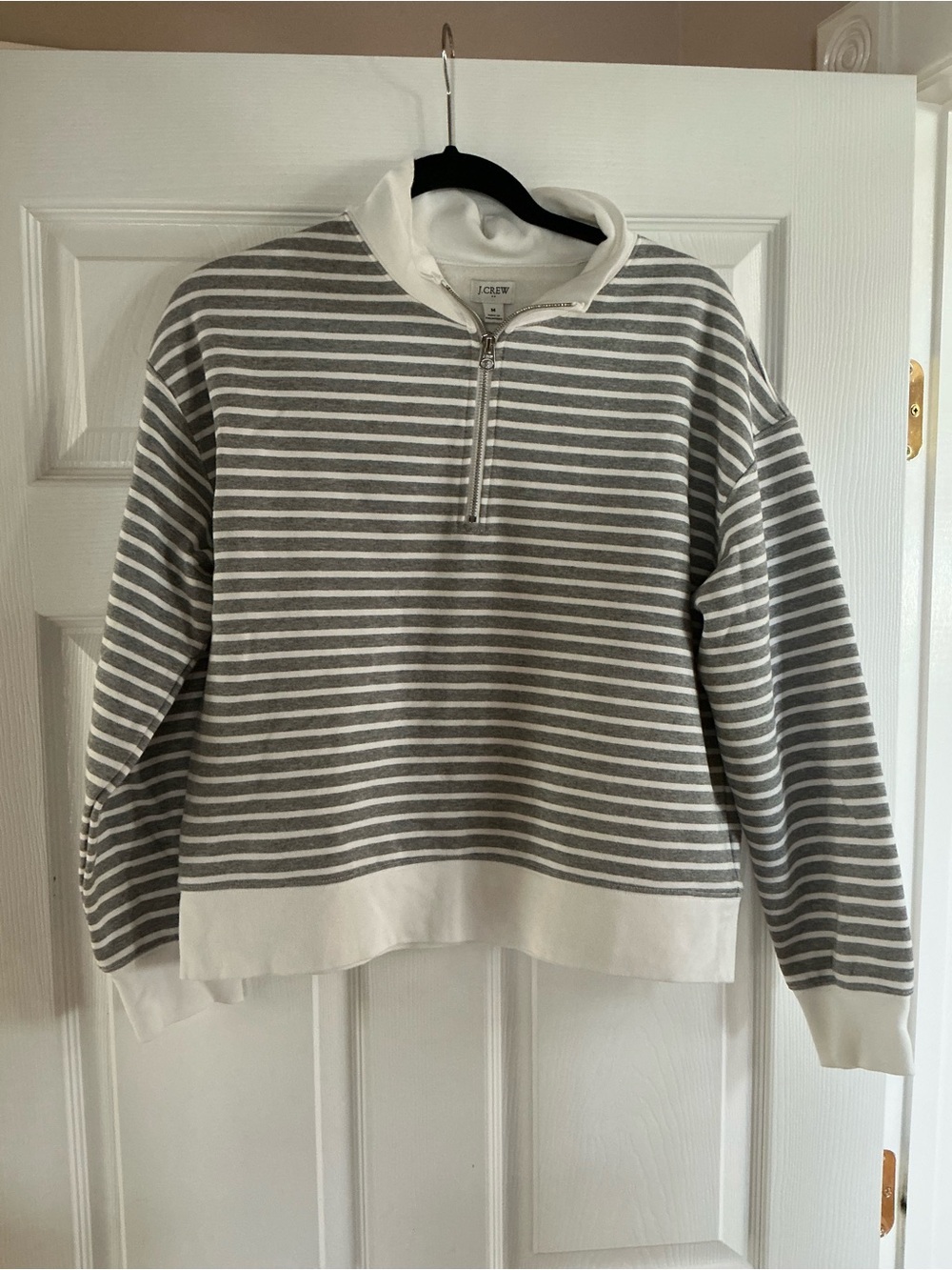 J. Crew Factory Gray & White Striped Half-Zip Sweater